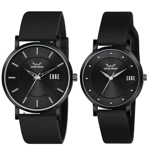 Image of LOUIS DEVIN Silicone Strap Analog Wrist Watch for Men and Women (Green /Brown /Blue /Black) | Set of 2 Wrist Watches | Couple Watches | LDCM-BK092-ST