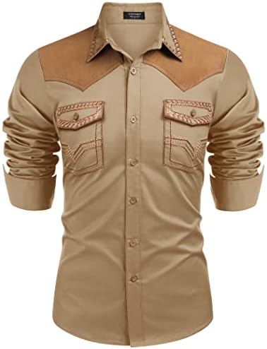 COOFANDY Mens Shirt Western Cowboy Embroidered Long Sleeve Slim Fit Casual Cotton Button Down Hippie with Pockets, Light Khaki, Medium, Long Sleeve