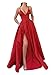 Fanciest Women's Spaghetti Straps Satin High Slit Prom Evening Dresses with Pockets Long Formal Dress Silver US6