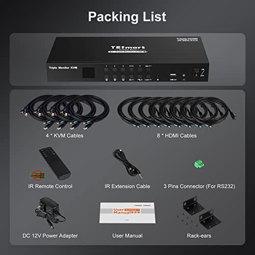 Tesmart Kvm Switch 3 Monitors 4 Computers 4K@60Hz 4:4:4, Support 3 Usb Peripherals, 2 Audio Out, Mechanical, Multimedia Keyboards, Rs232, Triple Monitor Hdmi Kvm Switches 4 Port Box With Kvm Cables #TOP6