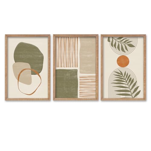 SRSZHIYUE Large Green Abstract Boho Plant Wall Art Neutral Bohemian Set of 3 Wood Framed 16×11 Inch for Living Room Bedroom Wall Decor Hanging (Wood)