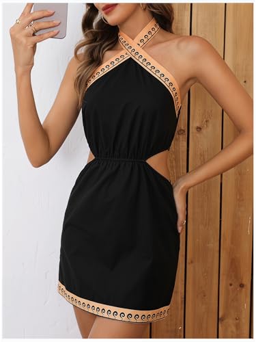 Image of MakeMeChic Women's Boho Mini Dress Summer Beach Vacation Halter Dresses Floral Sundress