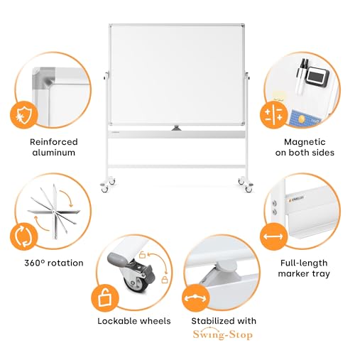 Image of Rolling Dry Erase Board 60 x 46 - Large Portable Magnetic Whiteboard with Stand - Double Sided Easel Style Whiteboard with Wheels - Mobile Standing White Board for Office, Classroom & Home