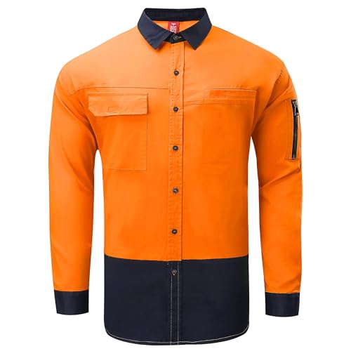 BIG BEE Hi-Vis Work Shirt, Stretch Cotton Long Sleeve Safety Workwear Hi-Vis Orange XL