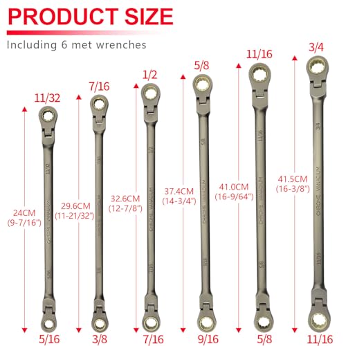 Wakuka 6-Piece Extra Long Flex-Head Ratcheting Wrench Set,Combination Wrench Set 72-Teeth, SAE 5/16\" to 3/4\", Cr-V Constructed, with Roll Up Pouch