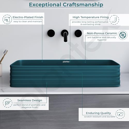 Image of Plantex Ceramic Designer Washbasin for Bathroom /Countertop Bathroom Basin /Rectangle Tabletop Wash Basin for Home /Office /Restaurant (Pine Blue - 26 x 15 x 5 Inch)