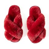 Csfry Women's Cross Band Fuzzy Slippers Fluffy Open Toe House Slippers Red US9-10
