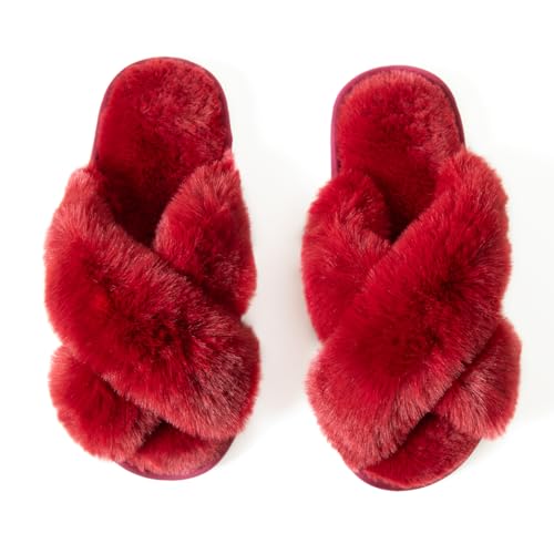 Image of Women's Cross Band Fuzzy Slippers Fluffy Open Toe House Slippers