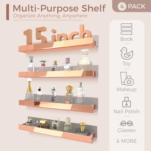 Image of 4 Pack 15 Inch Rose Gold Reflective Acrylic Floating Wall Shelves