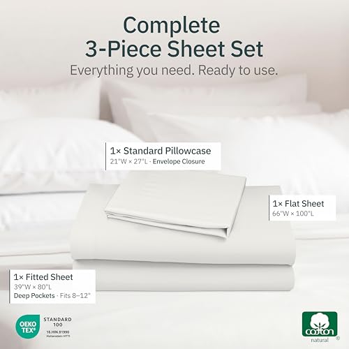 Image of Super Soft 100% Cotton XL Twin Sheets, 3 Pc Set, Ivory | Lightweight & Breathable For Hot Sleepers, All-Around Elastic, Durable, Easy Care, OekoTex Certified