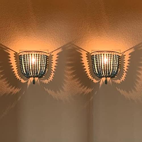 Newrays 2 Pack Vintage Wood Bead Wall Lamp Gray Blue Finishing Retro Antique With Hard Wired For Bedroom Fixtures(Blue) #TOP13