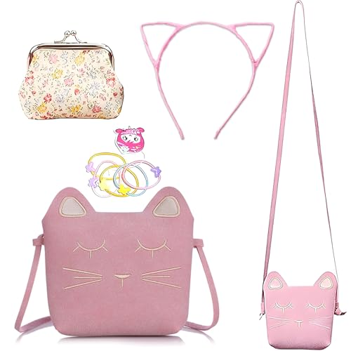Cute Cat Crossbody Bag, 4 Pack Little Girls Purses Cute Cat Bag with 1 mini Coin Purse Cat Headband and Elastic Hair Ties