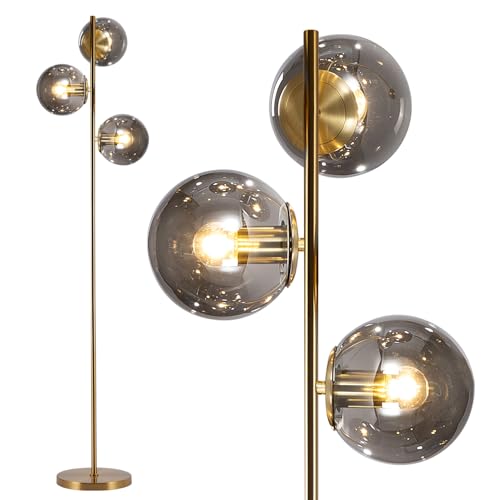 Image of BOKT Mid Century Gold Floor Lamp Modern 3-Light Standing Lamp with Smokey Gary Glass Globe Shade Bright Floor Lamps Office Standing Pole Light for Living Room Bedroom Home Decor