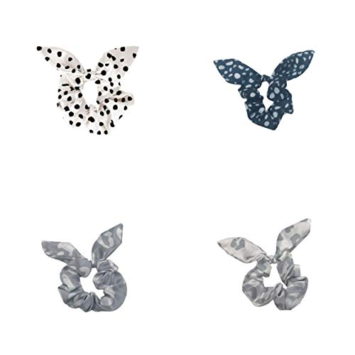 Mary Square Tie Scrunchie Boho - Set Of 4 Animal Print Tie Scrunchies Hairwraps - 4” L X 3” W - Leopard Cheetah Patterns Of Back Grey And White - Hair Accessories #TOP18
