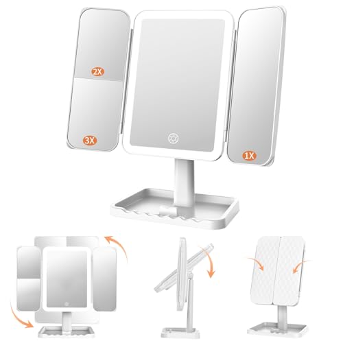 FASCINATE 女優ミラー 三面鏡 卓上 ライト付き 化粧鏡 充電式 2000mAh内蔵バッテリー ３光色調色可能 昼光色・昼白色・電球色 明るさ調整可能 360°自由回転 2/3倍拡大鏡付き スマホスタンド付き 収納ペース ホワイト