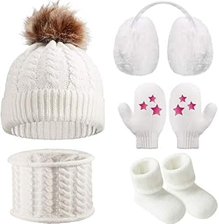 Baby Winter Beanie Hat Scarf Toddler Earmuffs Mittens Socks, 5 Pieces Baby Winter Warm Set (White)