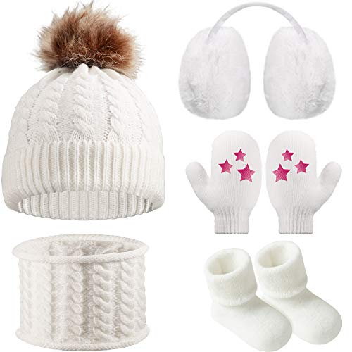 Baby Winter Beanie Hat Scarf Toddler Earmuffs Mittens Socks, 5 Pieces Baby Winter Warm Set (White) #TOP13