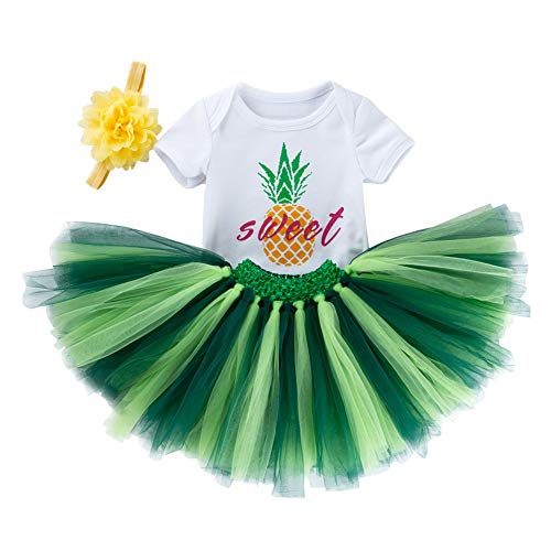 ANUFER Bebé Muchachas Primero Segundo Fiesta de Cumpleaños Vestido Tutu 3 Piezas Set de Ropa Mameluco + Falda + Venda Piña SN601C006 12-24 Meses
