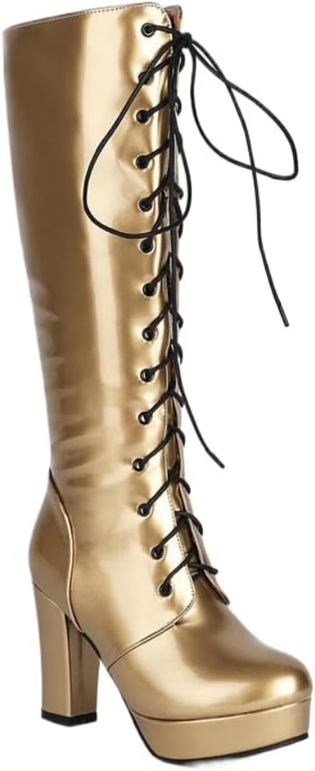 Hunters Shoes for Women Knee High Lace Up White Cowgirl Riding Boots, Tall Platform Chunky Heel Party Shoes Halloween Cosplay Costume for Girls