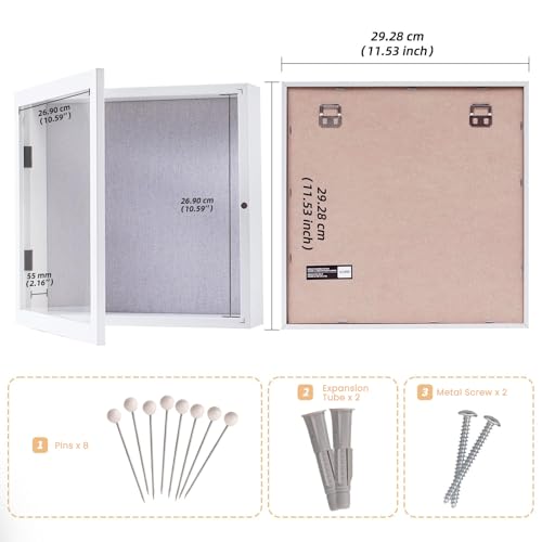 Image of Muzilife 11x11 Shadow Box Picture Frame - 2.16 inch Interior Deep Wood & Glass Square Display Case Ready to Hang Memory Box Baby Sports Memorabilia, Pins, Awards, Tickets, and Photos, White