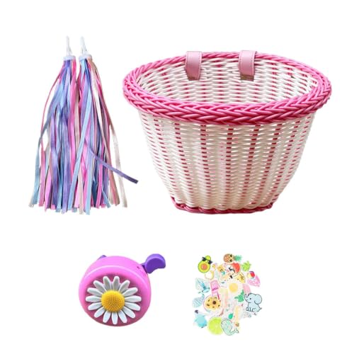 Cesta para Bicicleta para Niñas - Soporte De Almacenamiento para Manillar De Ratán Sintético De 22 Cm Organizador De Ciclismo En Forma De D Kit De Accesorios Rosa Y, Juego De Pegatinas Decorati