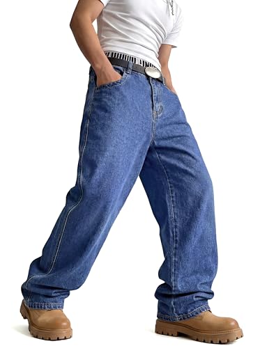 GINGTTO Baggy Pants Men Denim Jeans Wide Leg Skater Streetwear Indigo Blue Jeans 32