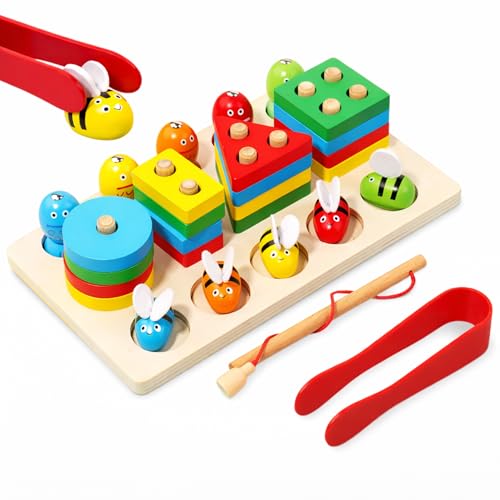 Image of 4 in 1 Wooden Fishing, Bee Catching, Shape Sorting & Stacking Toy | Montessori Magnetic Learning for Brain Development & Fine Motor Skills for Kids 1-5 Years