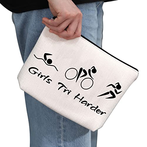 G2TUP Triathlon Lover Gift Tri Harder Makeup Bag Triathlete Cosmetic Bag Zipper Travel Pouch Swim Cycle Run Gift for Female Triathlon Athletes2