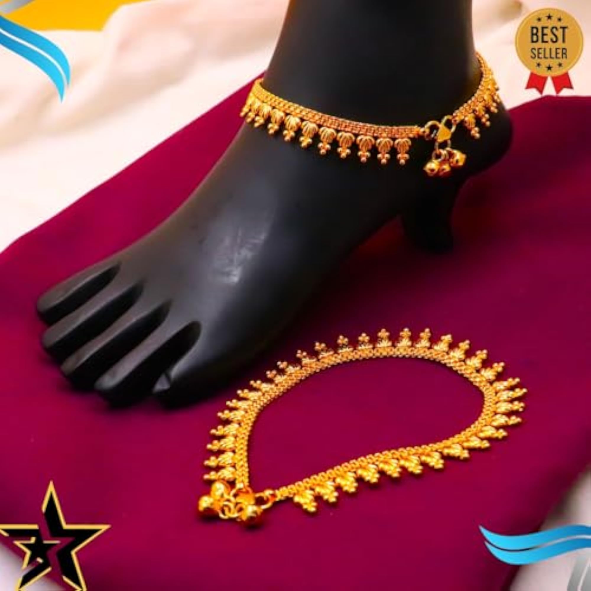Women's One Gram Gold Plated Leaf Anklet with Balls