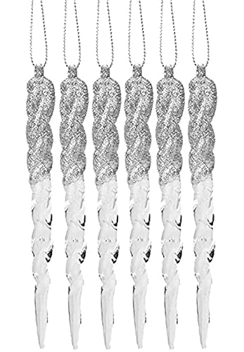 Glitzernde Eiszapfen Deko 6er Set Hängend Klar Christbaumschmuck Edle Glasoptik Wintermotiv in vielen Farben (Silber)