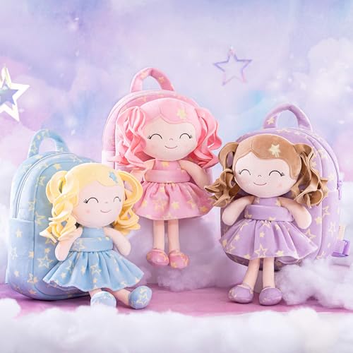Image of Gloveleya Toddler Backpack Baby Girl Gifts Curly Hair Plush Figures Dress Backpack Kids Backpack Curly Hair Spring Girl - Pink Head Pink Star 9inches