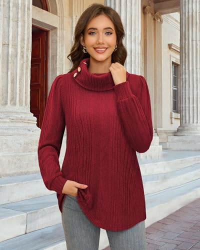 Bulotus Women's Turtleneck Tunic Sweaters Long Sleeve Ribbed Knit Comfy Loose Casual Fall Sweater