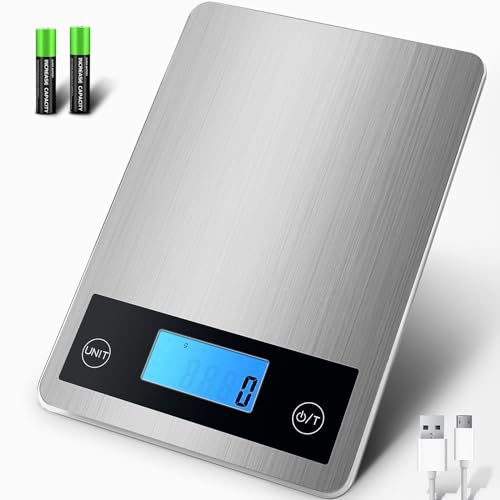 Food Scale, 22lb/10Kg Digital Kitchen Scale for Food Ounces and Grams Cooking Baking, 1g/0.1oz Precise Graduation, Waterproof Tempered Glass, USB Rechargeable, 5 Weight Units, Tare Function