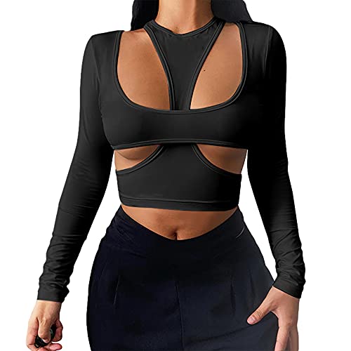 Riclena Women’s Sexy Criss Cross Cut Out Long Sleeve Crop Sport Tank Top (Black, Medium)