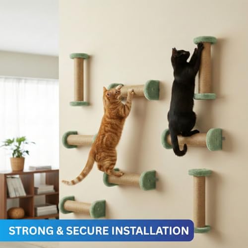 Image of Wall-Mounted Cat Scratching Post, Natural Jute Rope, Plush Cushioned Ends, Space-Saving Design (5X16) FURR-156 (Green)