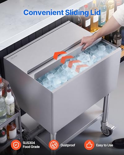 Image of VEVOR Commercial Ice Bin,19 Inch Stainless Steel Ice Chest with Sliding Lid and Bottle Holders, Cooler Cart Cocktail Unit for Bar Restaurant Pub, NSF Certified