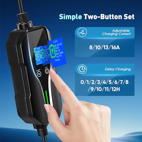 fnrids chargeur voiture electrique type 2 (3,7kw),8m ev chargeur type 2,6/8/10/13/16a courant commutable,ecran numérique contrôlable,cable recharge voiture electrique avec sac,ip67