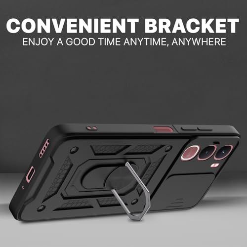 Image of Pikkme Back Cover for Vivo Y31 5G | 360 Protection Case | Sliding Camera Shield Cover & Ring Holder Stand D10 Tough Armor Bumper Case (Black)