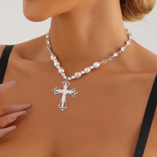 Celtic Rhinestone Cross Necklace Silver Vintage Y2k Pearl Cross Long Pendant Necklace Beaded Bling Choker Necklace Jewelry for Women2