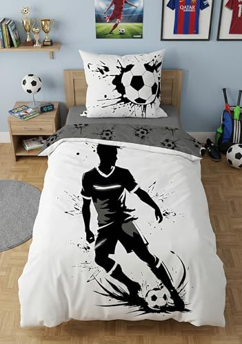 BrandMac Parure de Lit Football Enfant & Ado - Housse de Couette 140x200 cm + 1 Taie 65x65 cm - 100% Coton Premium - Réversible Motif Ballon & Joueur Splash -...