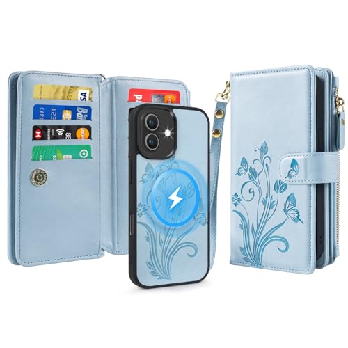 Lacass for iPhone 17 Case Wallet, Floral Sky Blue