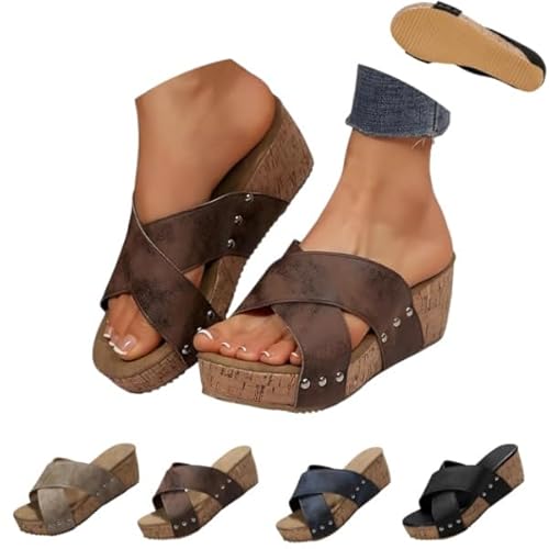Women's Cork Thick Sole Comfy Leather Wedge Slip-On Summer Sandals Shoes Slide Sandal Cork Heeled Walking Open Toe (brown,25.0 c