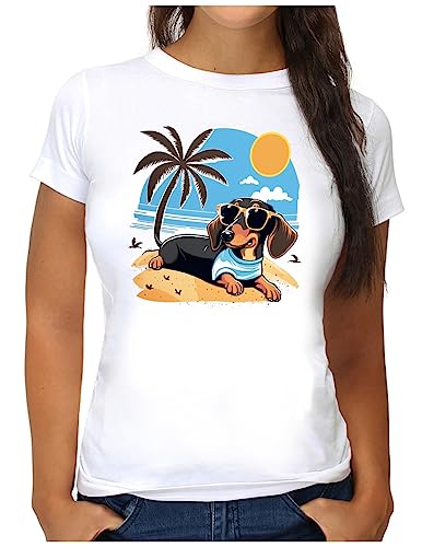OM3® Jamnik T-shirt z motywem psa | damski | relaks urlop lato wibracje palma słońce morze | S - XXL, biały, M