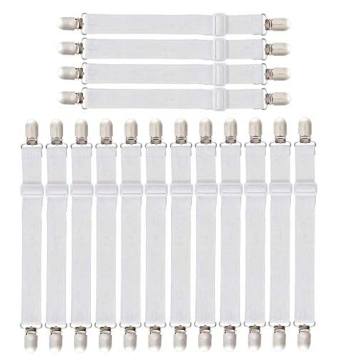 DLAKIND 16 Stück Verstellbare Bettlakenspanner, Betttuchspanner verstellbar Elastische Bettlakenspanner Lakenspanner mit Metallclips matratzenspanner für Bettlaken, Matratze(16pcs-White)