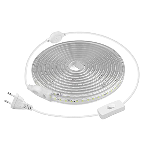AIMENGTE Rubans à LED avec Interrupteur,220V 2835 120 LED/m led Strip étanche IP67 bandeau led pour la décoration de fête à la maison de cuisine (2M, Blanc) Cover