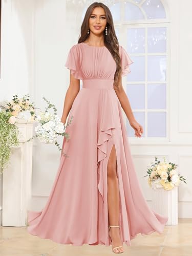 Chiffon Bridesmaid Dresses Long with Slit Crew Neck Formal Evening Dress for Women2