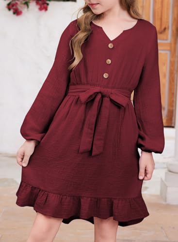 blibean Girls Cotton Long Sleeve Dresses Ruffled Semi Formal Dress Size 6-15 Years4