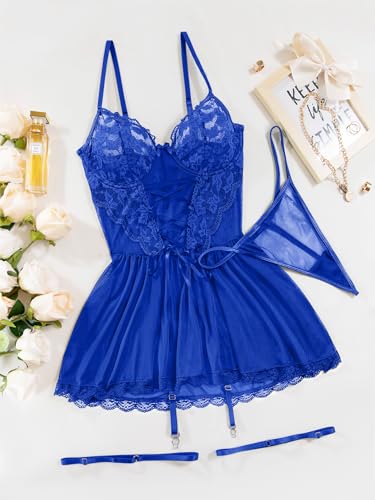 Image of Lilosy Sexy Garter Belt Mesh Lace Babydoll Lingerie Dress Set with Thong