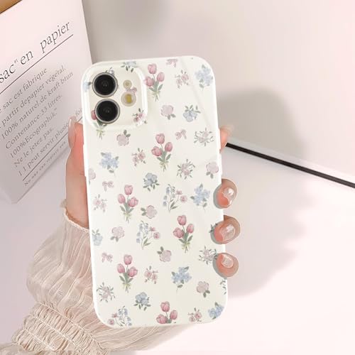 Image of Phoona Pink Blue Flower Case for iPhone 11 6.1", Preppy Vintage Girly Aesthetic Pattern Design, Raised Camera Protection Bumper Soft Slim TPU Shockproof Protective Cover for Girls Women