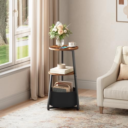 HOOBRO Round Side Table, 3 Tier Bedside Table with Storage Shelves, Accent Small Corner Table Compact Sofa Side Tables for Limited Space in Living Room, Bedroom Rustic Brown EBFB169BZ01 - Image 5